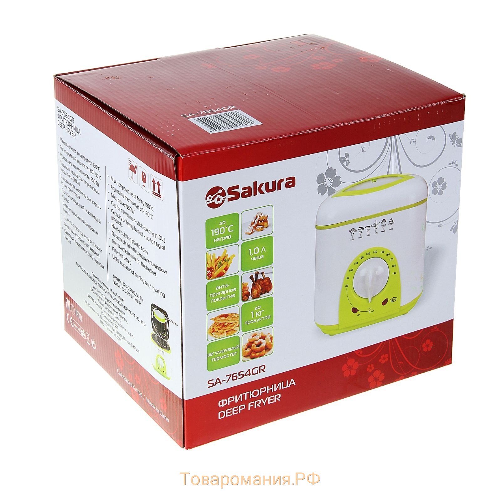 Фритюрница Sakura SA-7654GR, 950 Вт, 750 мл, антипригарное покрытие, фильтр, бело-салатовая