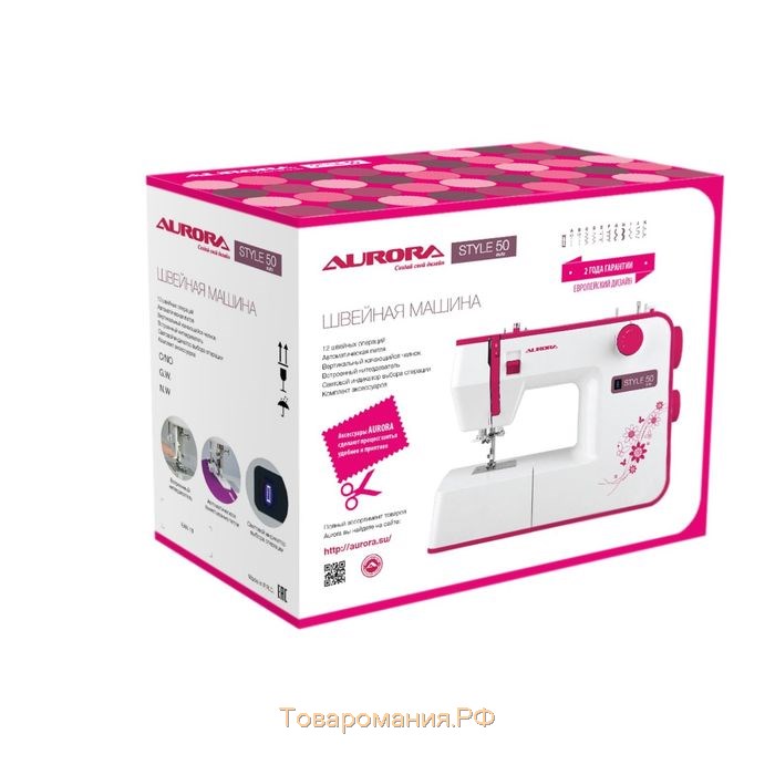 Швейная машина Aurora Style 50, 70 Вт, 12 операций, автомат, бело-розовая