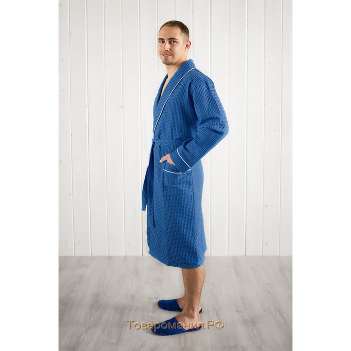 Халат мужской, шалька+кант, размер 54, цвет синий, вафля