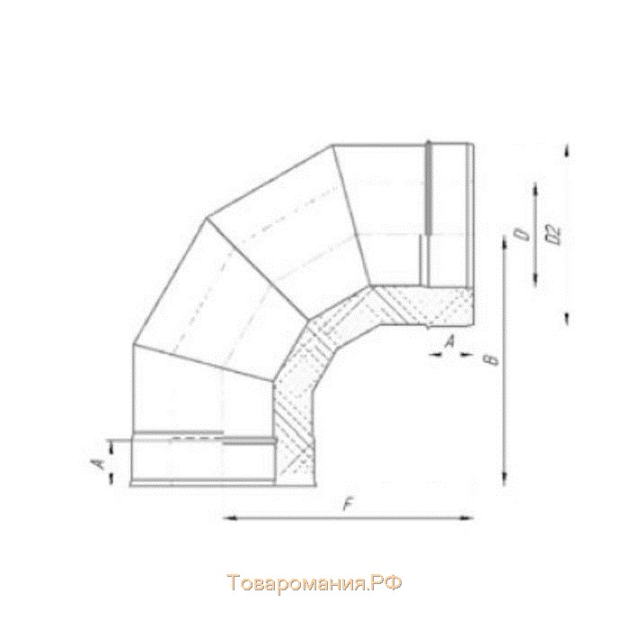 Сэндвич-Отвод 90°, d 130 × 200 мм, нерж/нерж, 0.5 мм/0.5 мм