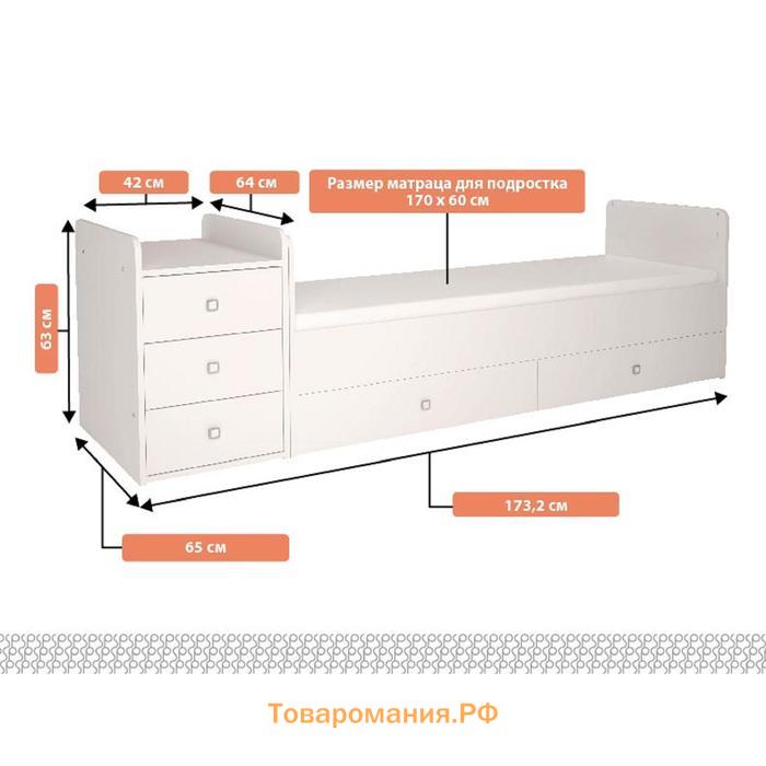 Кроватка-трансформер Polini kids Simple 1100 с комодом пеленальным, цвет белый