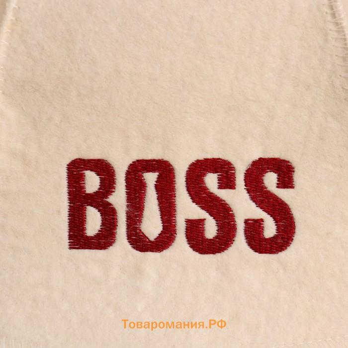Шапка для бани и сауны с вышивкой BOSS, шерсть 100%, светлая, «Добропаровъ»