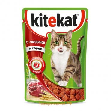 Влажный корм KiteKat для кошек, говядина в соусе, пауч, 85 г