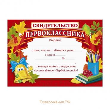 Грамота школьная «Свидетельство первоклассника», А4, 157 гр/кв.м.