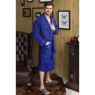 Халат мужской, шалька+кант, размер 68, цвет синий, махра