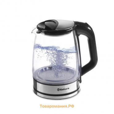 Чайник электрический Sakura SA-2722BK, стекло, 2.2 л, 1800 Вт, подсветка, серебристо-чёрный