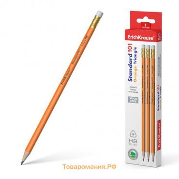 Карандаш чернографитный с ластиком ErichKrause "Standard triangle 101 Orange", HB, грифель d=2.2 мм, пластик, трёхгранный в коробке, оранжевый корпус